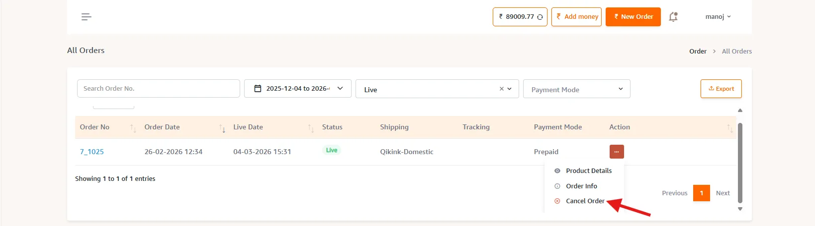 Qikink All Orders page showing the three dots action menu with Cancel Order option highlighted