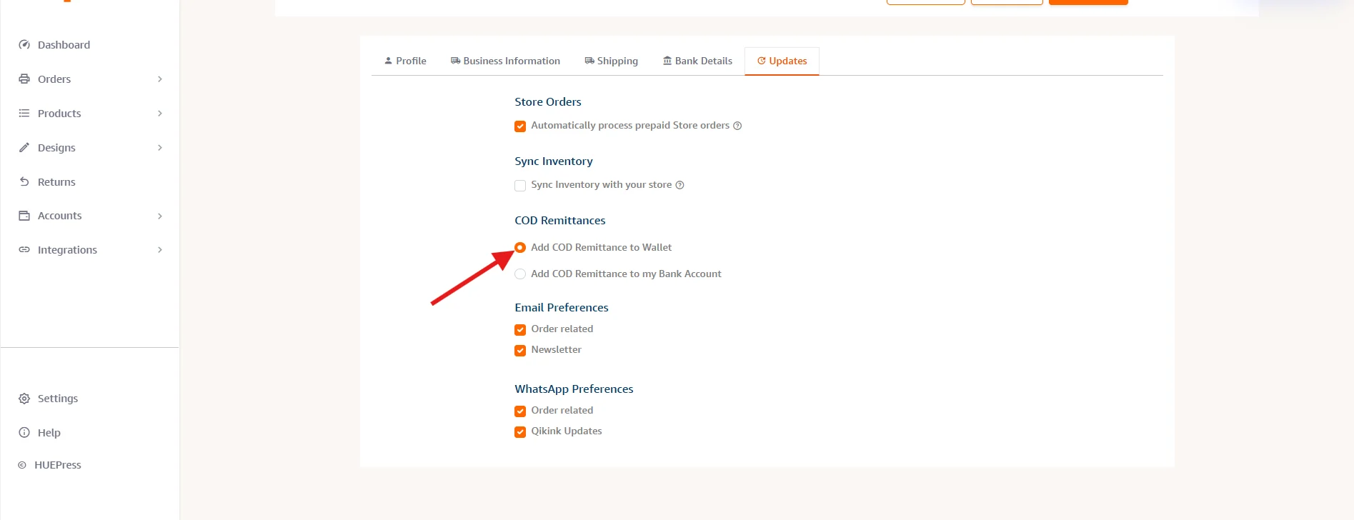 Qikink Settings > Updates page showing COD Remittances options