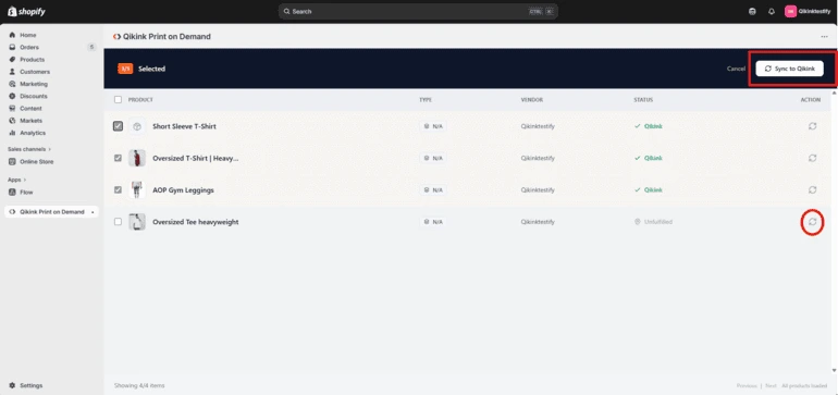 Sync to Qikink button on Shopify product listing