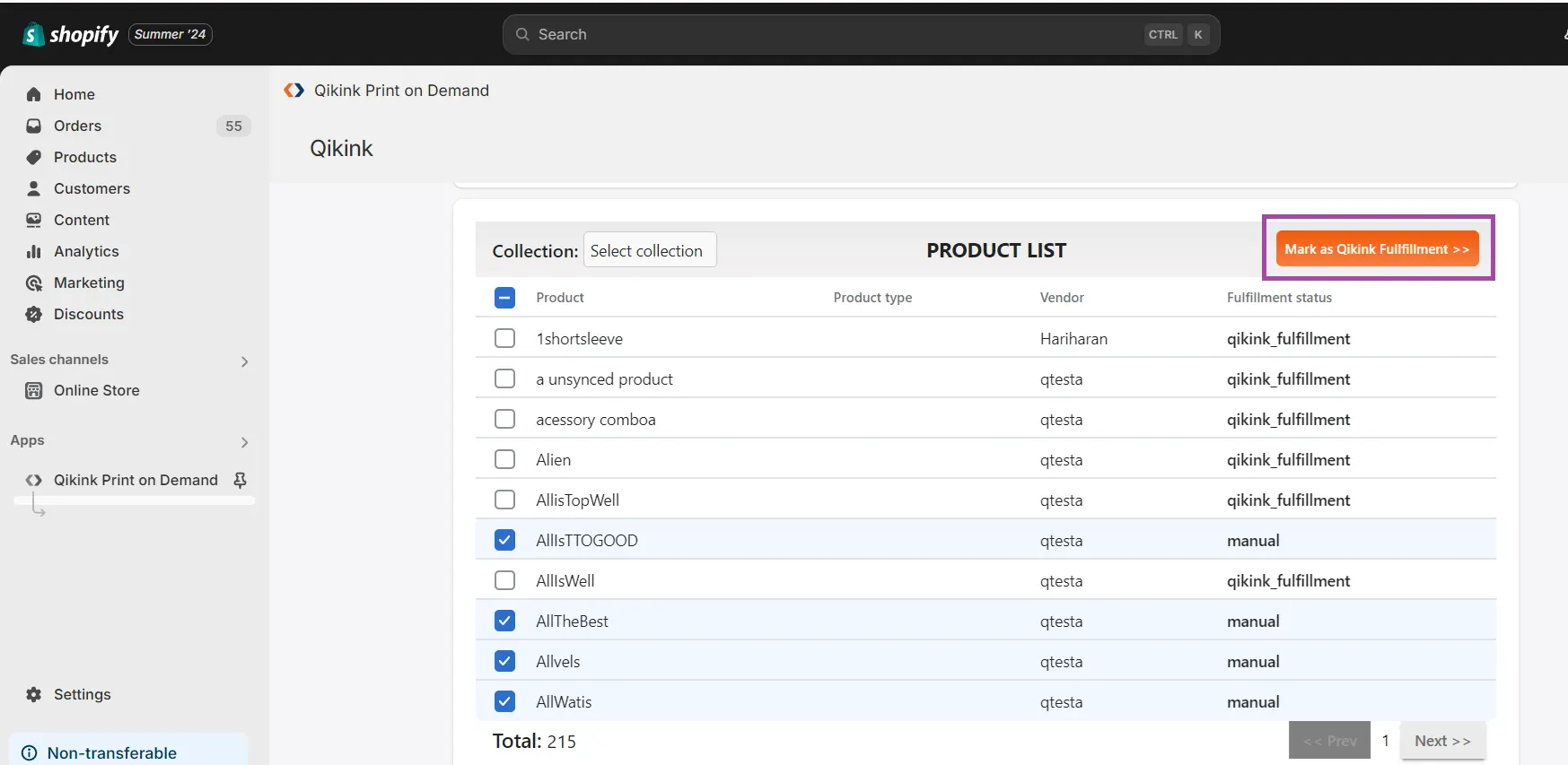 Shopify Qikink app showing product list with Mark as Qikink Fulfillment button