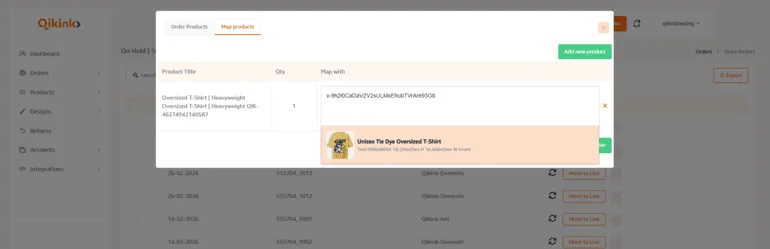 Map Products popup showing product mapping interface