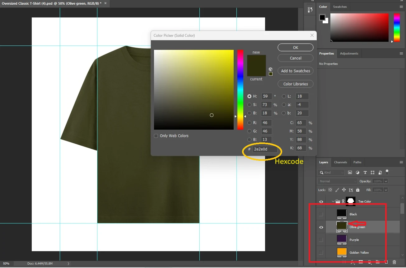 Photoshop color picker showing hex code field with olive green t-shirt selected