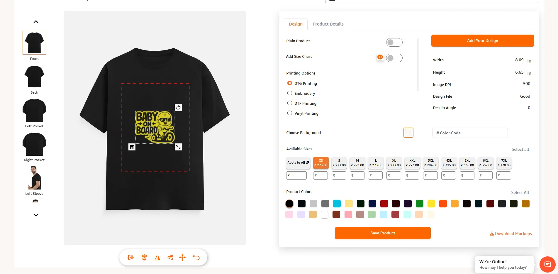 Qikink product design screen showing placement and design options