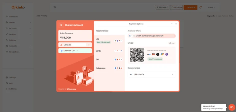 Qikink Add Money screen showing payment options — UPI, Cards, EMI, Net Banking, UPI QR