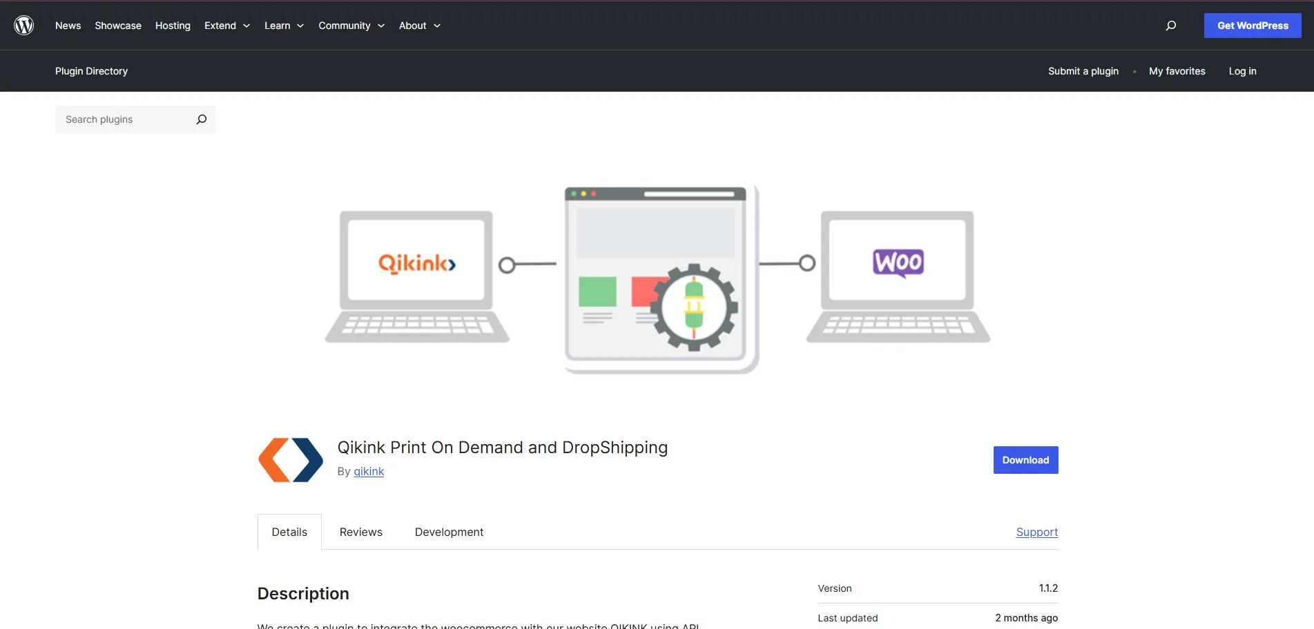 WordPress plugin directory showing Qikink Print On Demand and DropShipping plugin